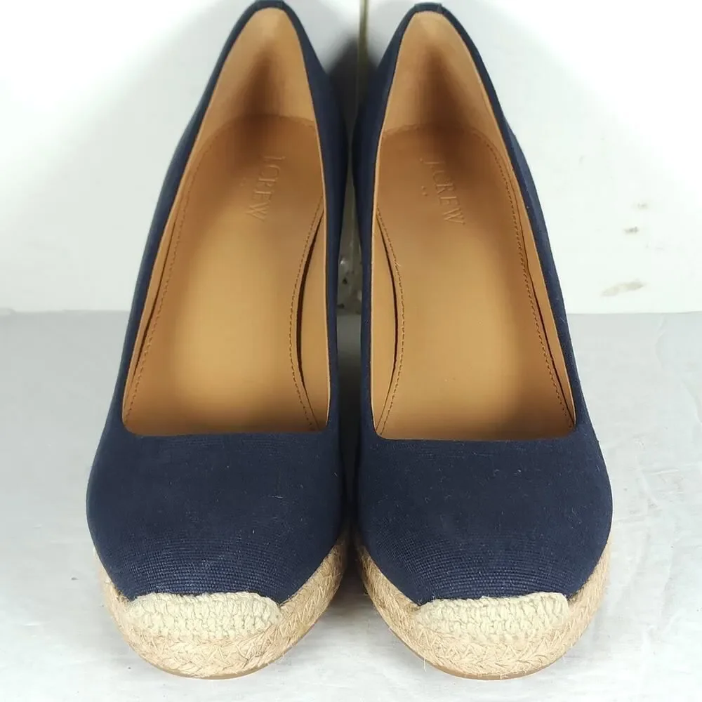J. Crew Women's US 9 Canvas Navy Blue Wedge Pumps Espadrille Shoes New
